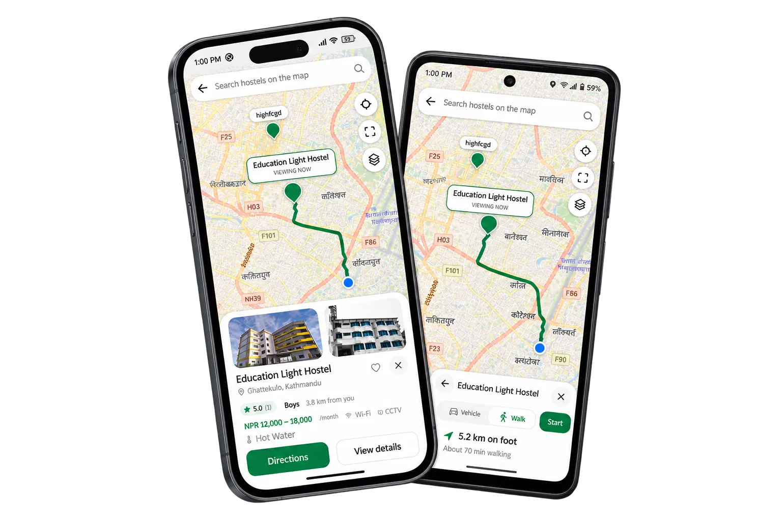 HostelPalika Android app: finding a hostel on the map with walking directions
