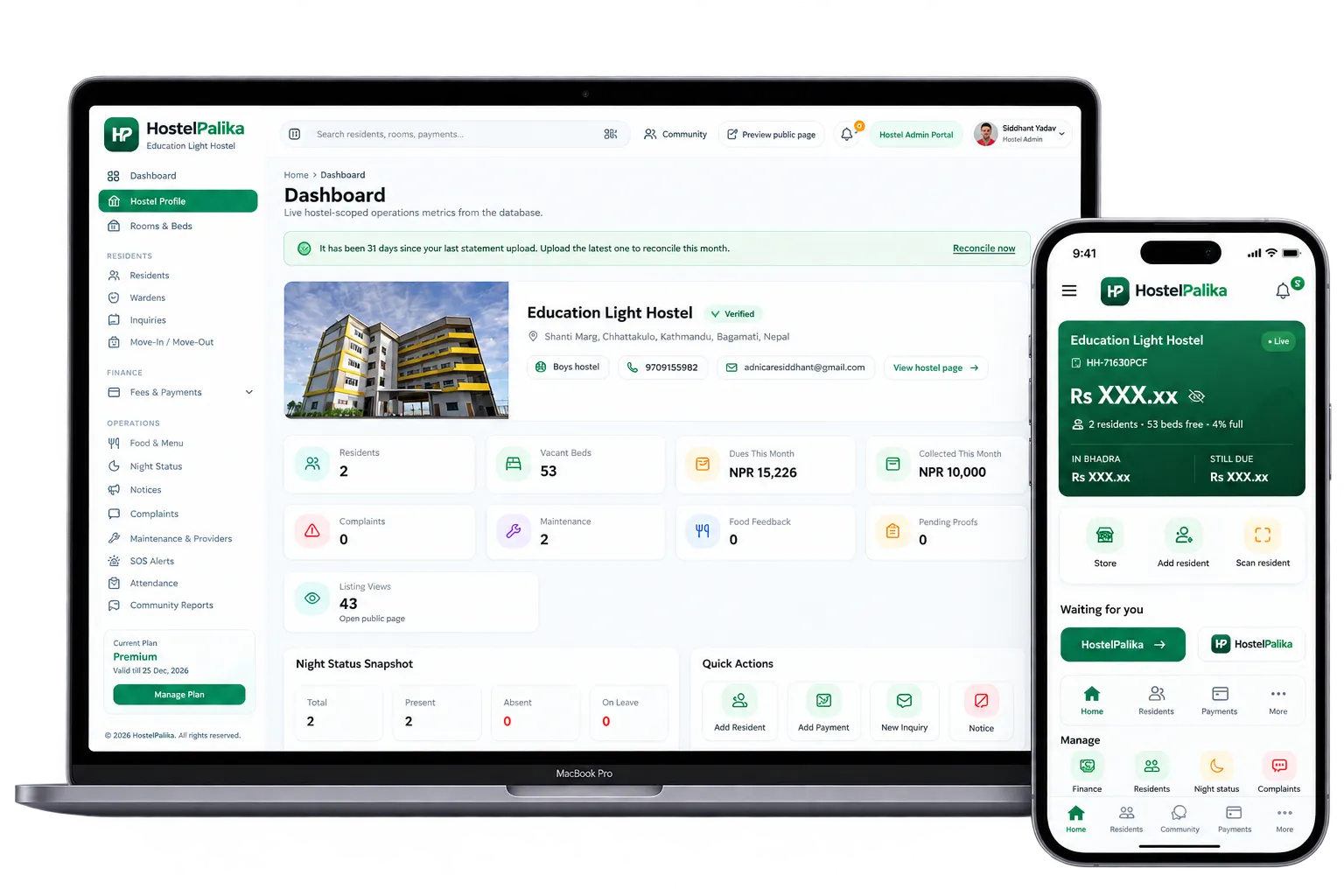 HostelPalika hostel admin dashboard on the web and the Android app